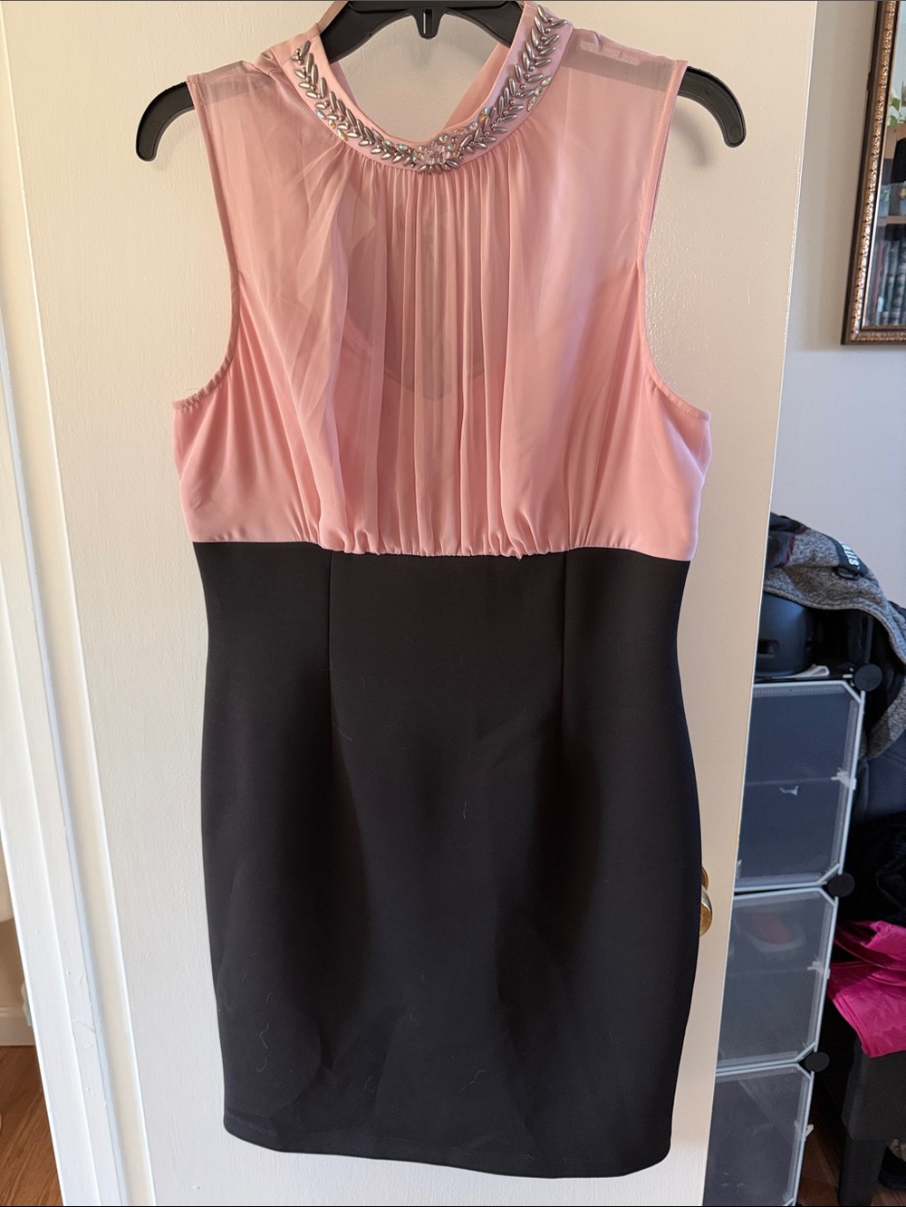 S.L. Fashions Pink and Black Sleeveless Sheath Dress with Jeweled Collar